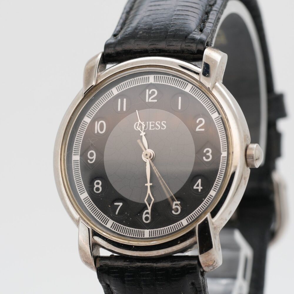 Vintage 1994 Guess Watch Black Dial Gold Tone 34mm Case - New Battery - Runs